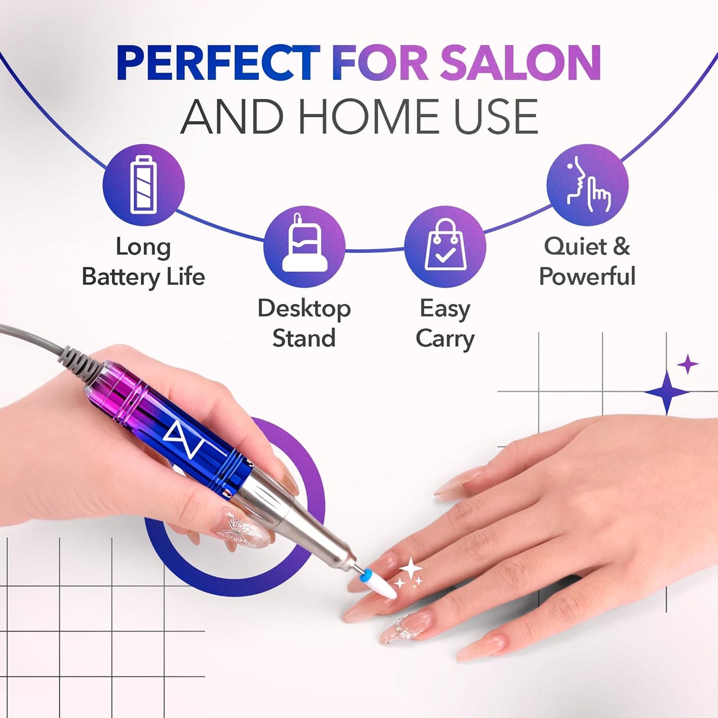 M Mase- Professional Nail Drill Machine - Coreless 2-in-1 Nail File - Electric, Cordless, 35000 RPM, HD Display - Electric Nail Drill for Professional & Home Use (Unicorn Pink Blue)