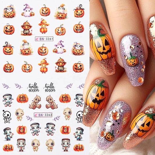 Halloween Nail Decals - Cute Cartoon Water Transfer Foil for Women - Pink Pumpkin Ghost Skeleton Witch Bat Designs - DIY Nail Art Decor - 12Pcs