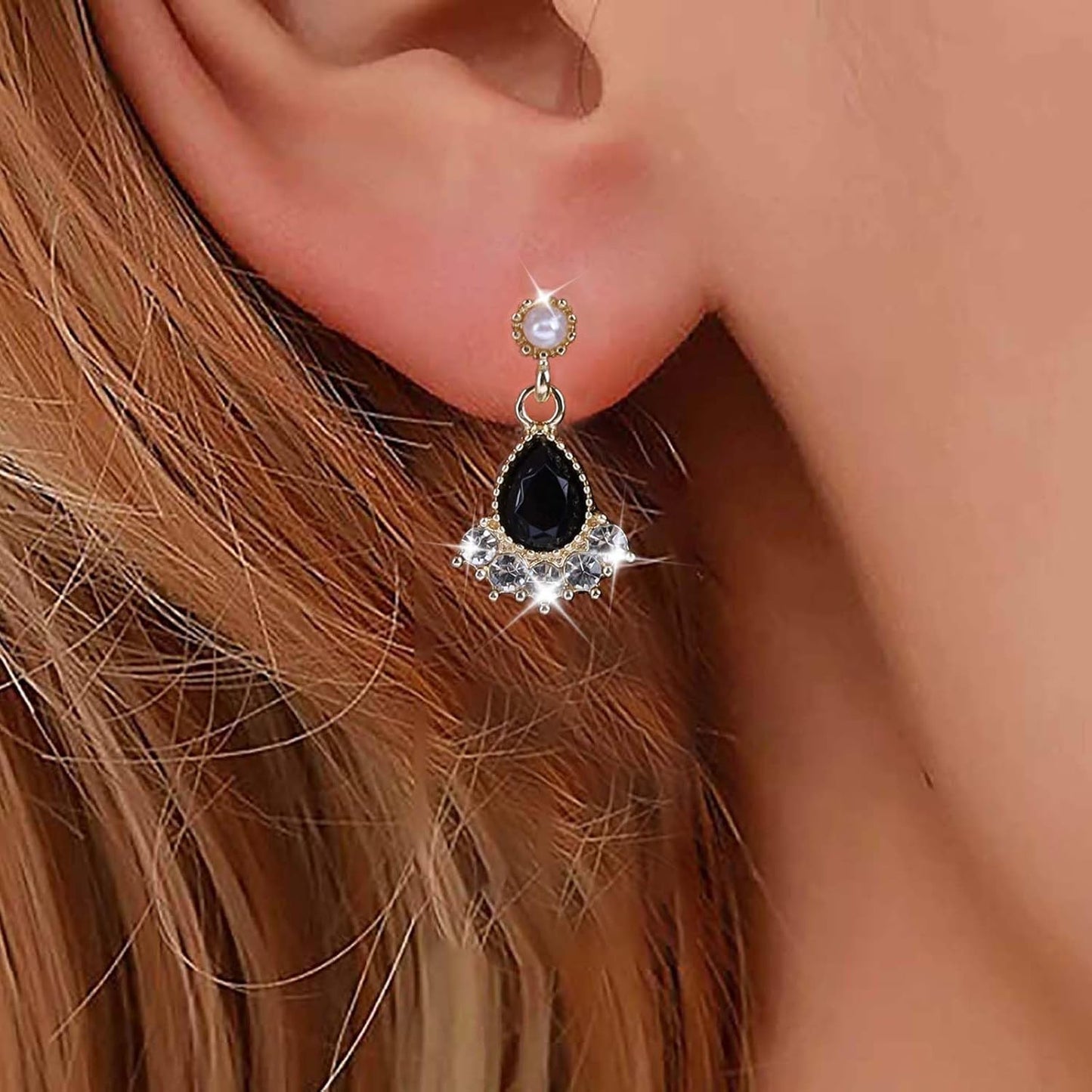 Vintage Black Crystal Teardrop Earrings Crystal Tassel Drop Earrings Gold Pearl Stud Earrings Black Onyx Earring Jewelry for Women