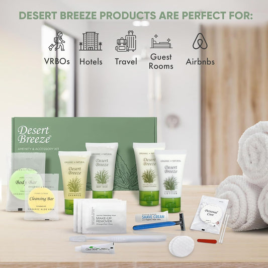 Amenity & Accessory Kit | 1 oz Travel Size Shampoo, Conditioner, Lotion, Body Wash, Body Bar, Cleansing Bar, Shave & Dental Sets, Make-Up Remover Wipes, & Vanity Kit | 1 set per case