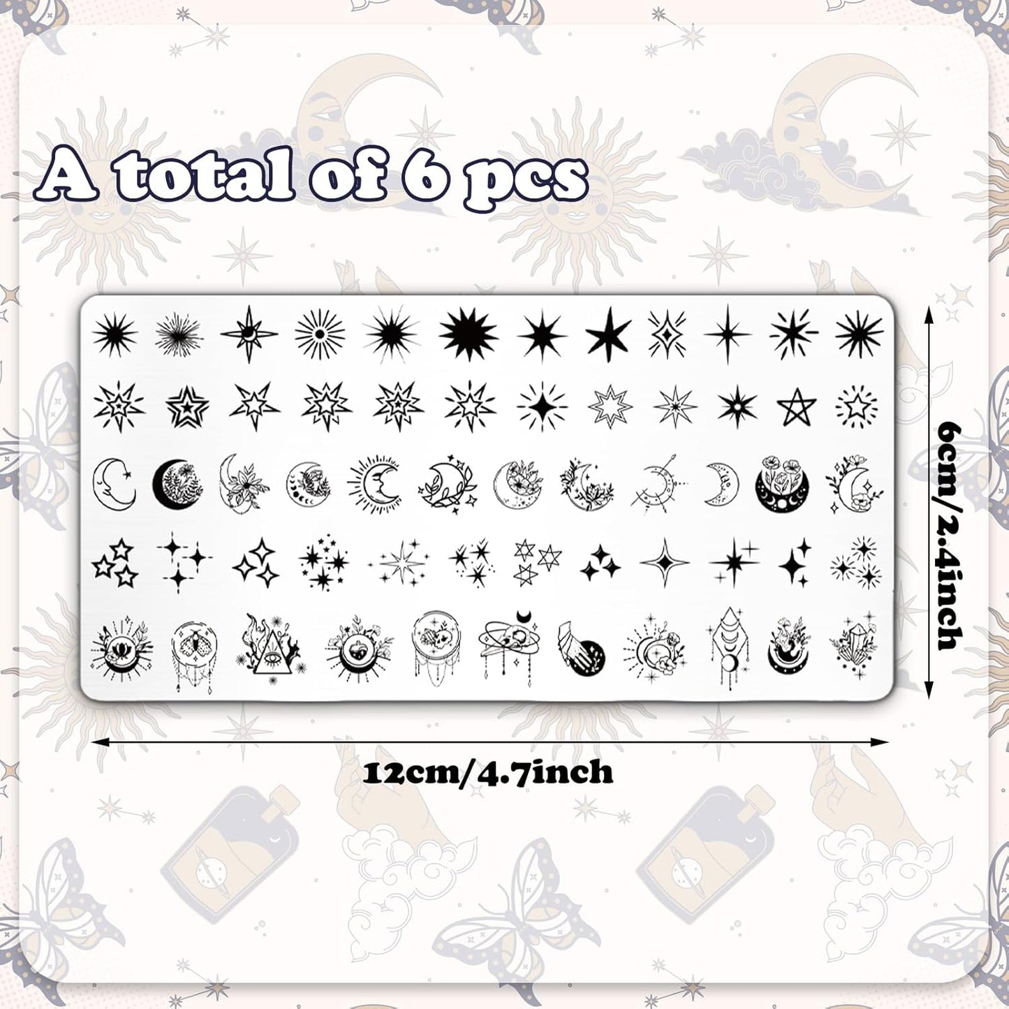 Whaline 6Pcs Sun Moon Star Nail Plates Stamping Set Groovy Stamp Templates Nail Art Plates for DIY Print Manicure Salon Design Gift Supplies