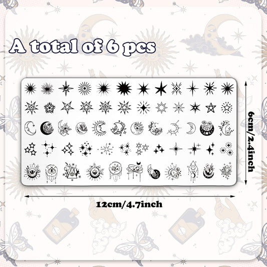 Whaline 6Pcs Sun Moon Star Nail Plates Stamping Set Groovy Stamp Templates Nail Art Plates for DIY Print Manicure Salon Design Gift Supplies