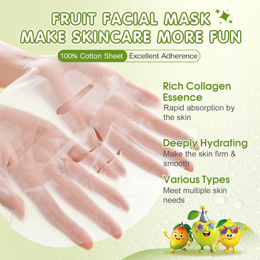 56 Pack Fruit Collagen Face Masks Skincare for Teens Girls, Sheet Face Mask Skin Care for Kids, Bulk Hydrating Facial Masks for Women, Face Mask Set for All Skin Types, Birthday Party Spa Gifts
