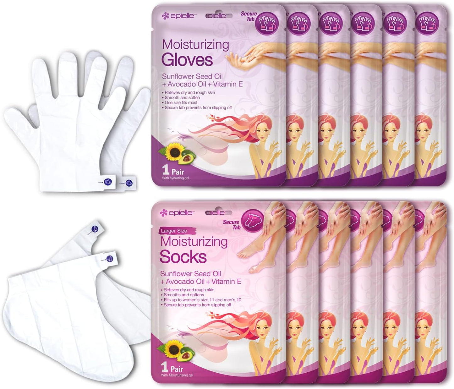 Epielle Moisturizing Hand & Foot Masks 12 Pairs, Soften Dry Hands & Cracked Heels with Sunflower Seed Oil & Avocado Oil, Korean Skin Care, Spa Self Care Gifts for Women, 6 Gloves & 6 Socks