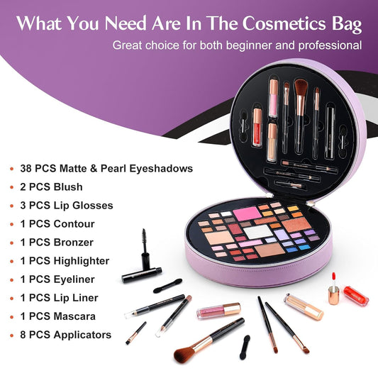 Color Nymph All In One Makeup Kit For Teens With Portable Cosmetics Bag, Multiple Makeups For Begginers As New Year,Birthday Gift Included 38-Colors Eyeshadows Lipglosses Brushes (Purple)