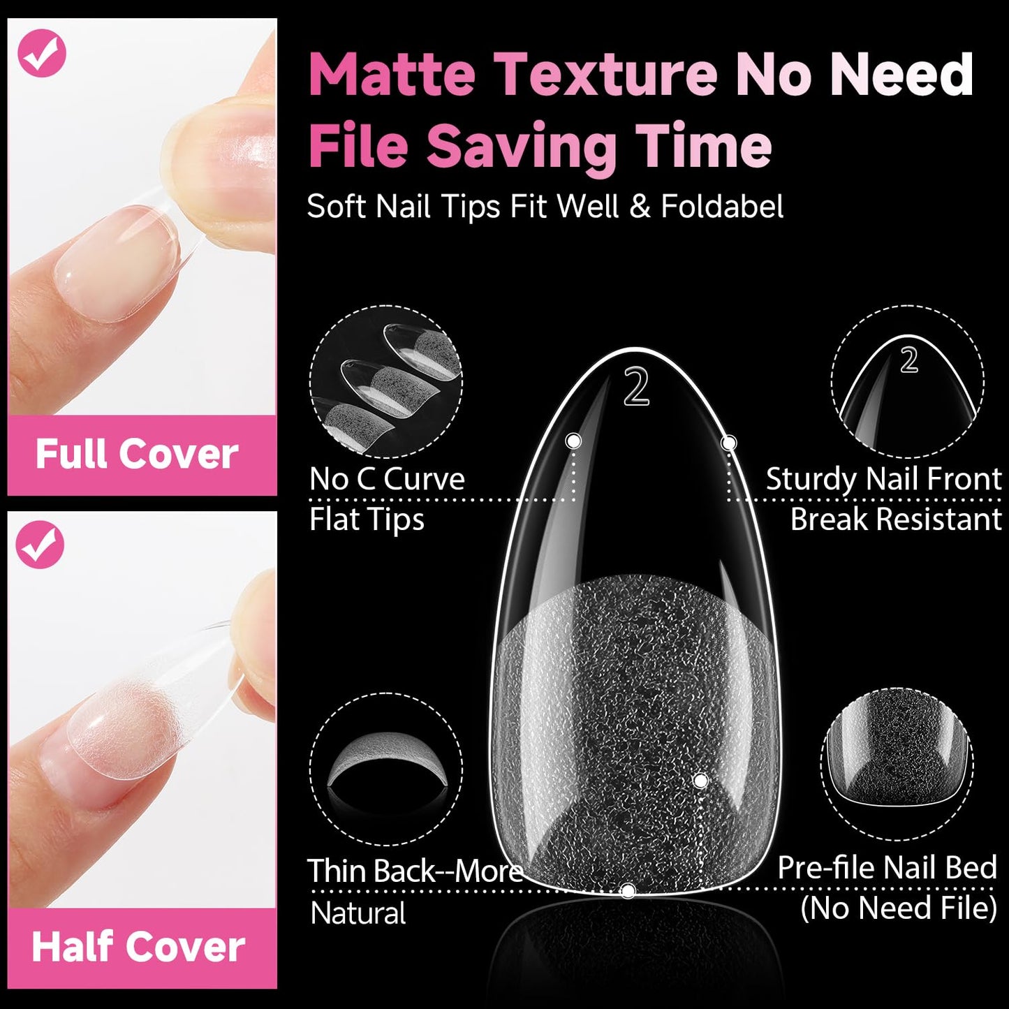 UNA GELLA 504Pcs Medium Pointed Almond Nail Tips, Pre-shape Almond Gel Nail Tips Half Matte Full Cover Acrylic Clear Press on Fake Nails Tips for Nail Extension Nail Art DIY Salon 12 Sizes