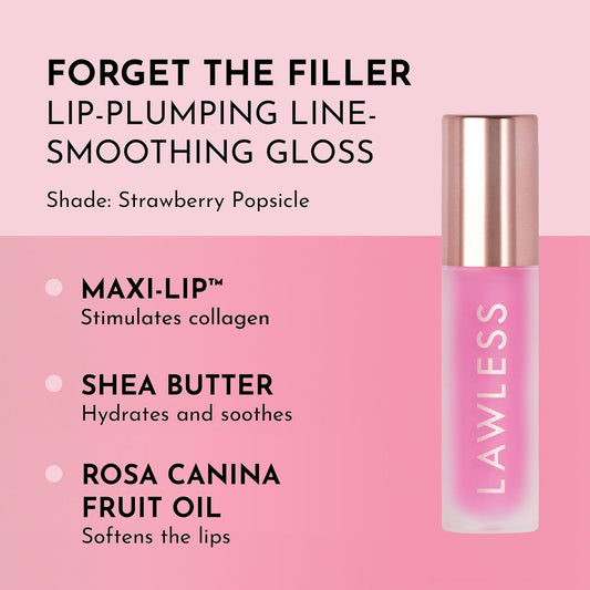 Lawless Forget the Filler Lip Plumping Line Smoothing Gloss - Strawberry Popsicle - Premium Volumizing Lip Gloss with Natural Ingredients Designed to Plump, Firm, and Hydrate Lips 0.11 oz