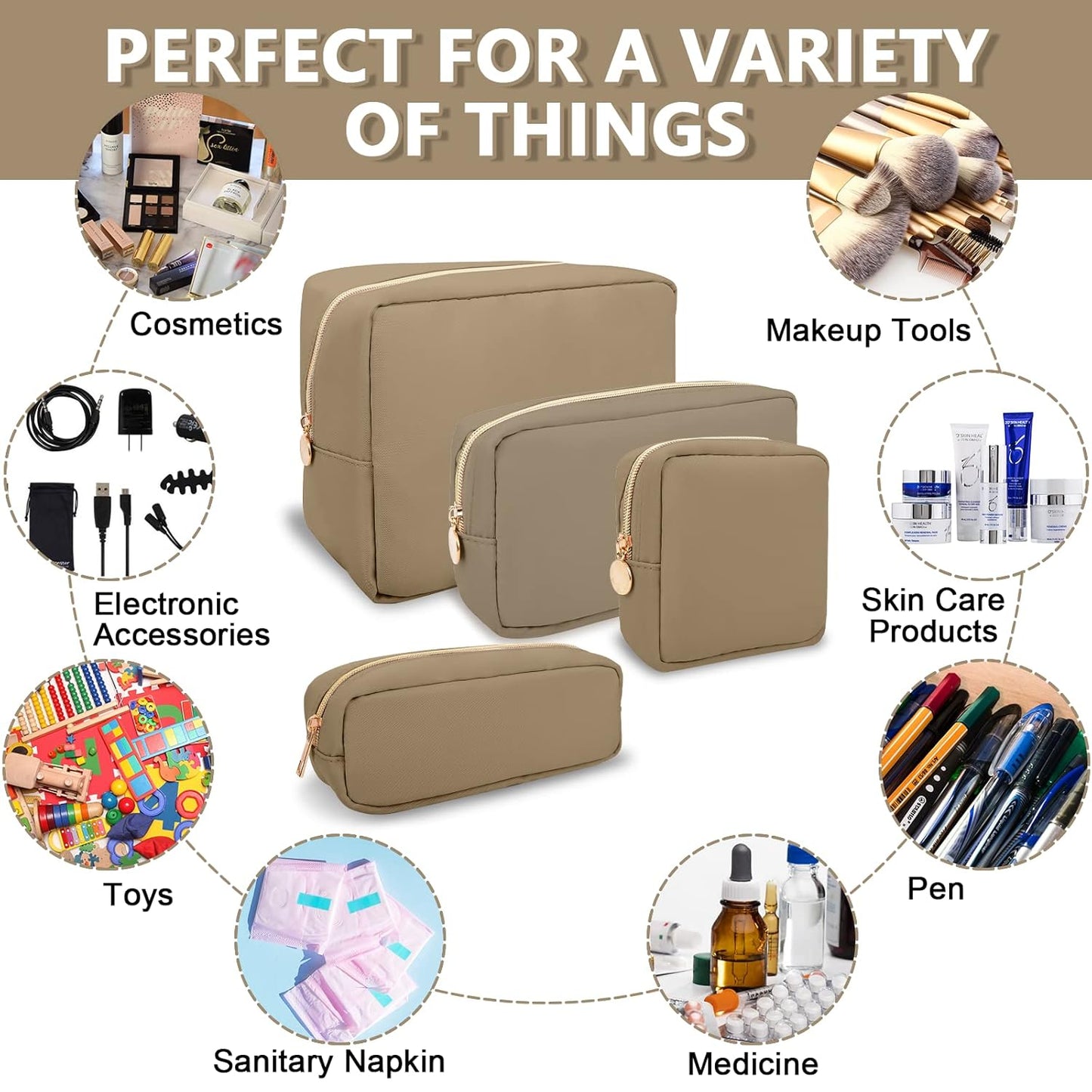 Mini Makeup Pouch for Purse, Small Cosmetic Bag Pouch Nylon Travel Toiletry Organizers for Women Girls, Cute Zipper Pouch Coin Purse Preppy Storage Bag for School Work(Mini-Khaki)