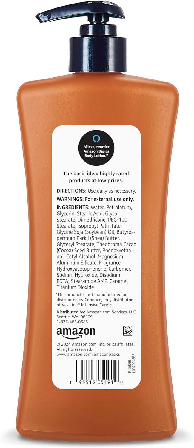 Amazon Basics Moisturizing Cocoa Butter Body Lotion for Dry Skin, Non-Greasy, Paraben Free, Lightly Scented, 20.3 Fl Oz, Pack of 4