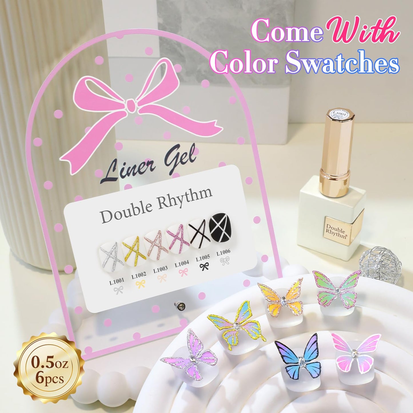 Double Rhythm 6 Pcs 15 ML Gel Liner Polish Nail Art Set Chrome Metallic Glitter Soak Off Gel Polish Kit Nail Art Manicure Salon DIY at Home for Women (Gold Silver Black White-T6-52)