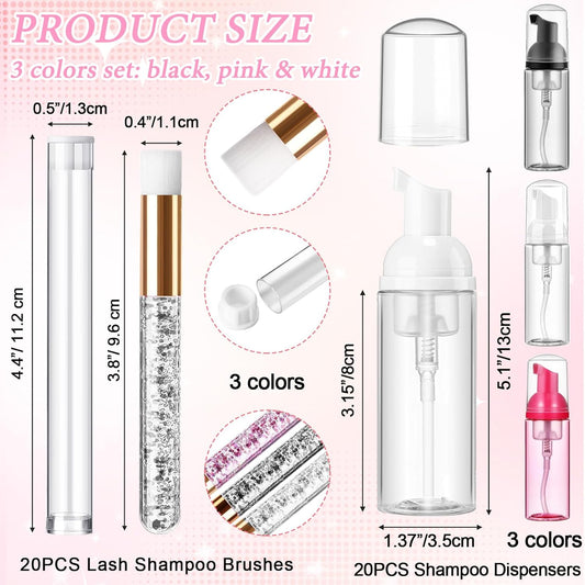 Zhehao 80 Pcs Lash Shampoo Bottle Brushes Kit 20 Foam Pump Dispensers 20 Lash Shampoo Brushes 20 Eyelash Aftercare Bag 20 Cleaning Pipes, Eyelash Extension Supplies(Colorful)