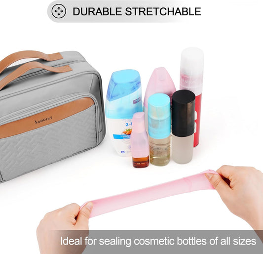 Travel Hanging Toiletry Bag for Women and Men, with 8 Leak Proofing Silicone Bottle Covers, Waterproof Makeup Accessories, Cosmetic Essentials, Toiletries Dopp Kit Set with Jewelry Organizer, Grey