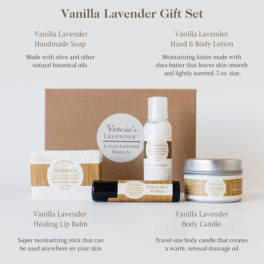 Victoria's Lavender Natural Body Products Gift Set - Handmade Soap, Hand & Body Lotion, Lip Balm, Body Candle Skin Care Sets & Kits, Lavender Bath and Body Products for Women, Vanilla Lavender