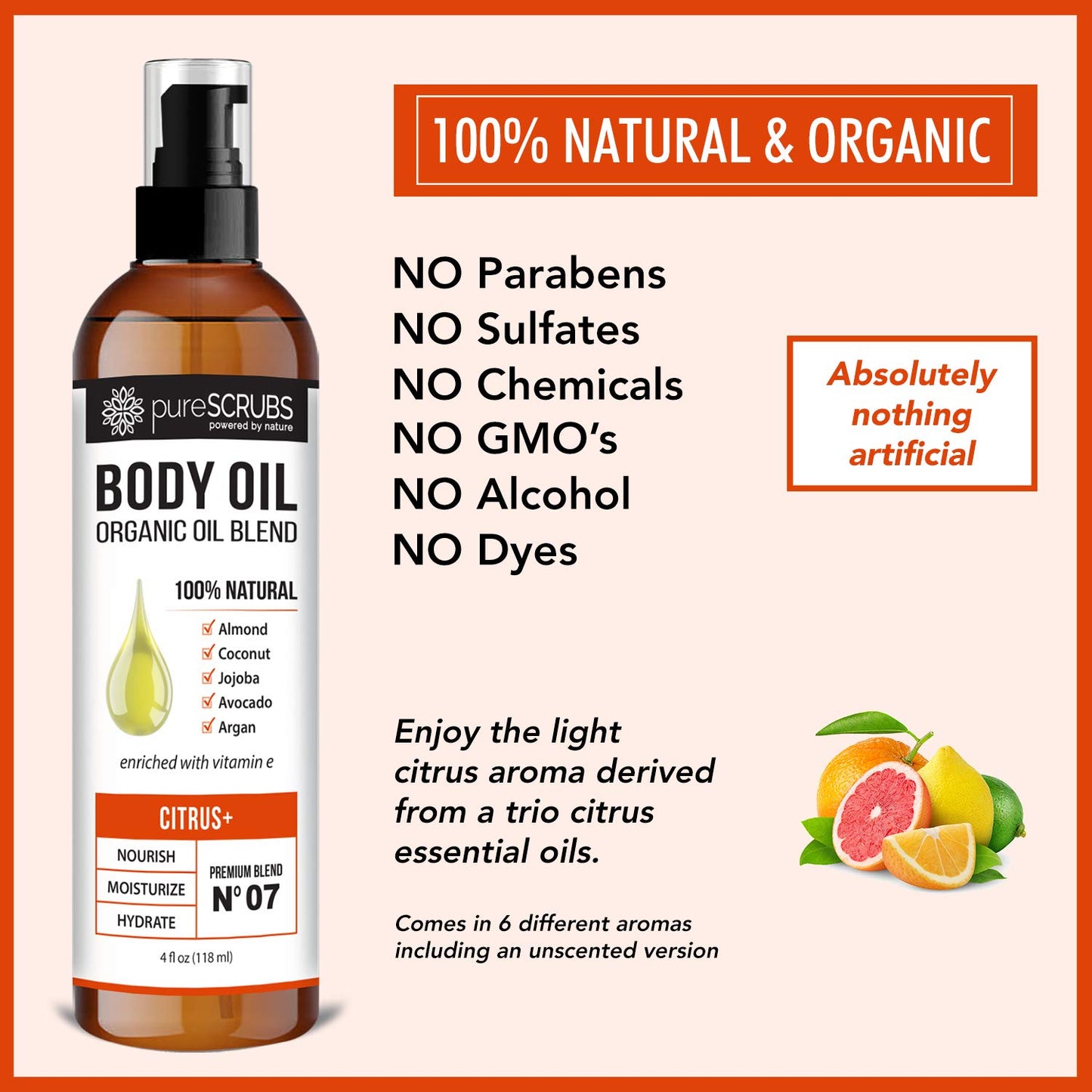pureSCRUBS Ultra Moisturizing Citrus+ Body Oil Spray for Dry Skin, Massage, Cuticles & More Organic Super Blend of Jojoba, Argan, Coconut, Sweet Almond & Avocado Oils Enriched with Vitamin E, Lg 4oz