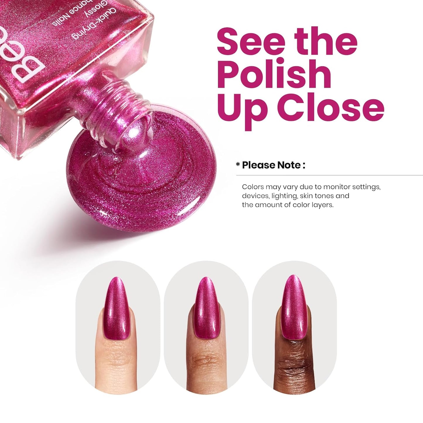 Beetles Hot Pink Nail Polish 15ml, Valentines Day Gifts for Women Fast Drying & Long Lasting Glitter Nail Polish Pink Nail Lacquer Glossy for DIY Nail Salon-Quality Results