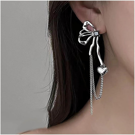 Vintage Butterfly Dangle Earrings Long Butterfly Chain Tassel Earrings Silver Puffy Heart Drop Earrings Black Onyx Butterfly Earrings Jewelry for Women