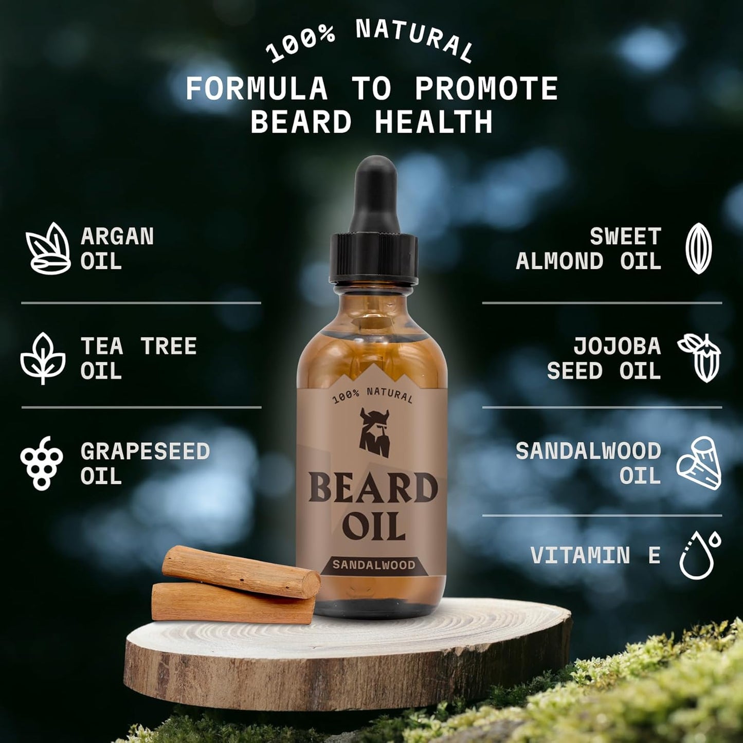 Striking Viking Sandalwood Beard Oil for Men - 2 Fl Oz, Sandalwood Scent - Natural Hydrating & Softening Beard Care with Argan, Jojoba, Almond & Tea Tree - Non-Greasy, Fast-Absorbing Formula
