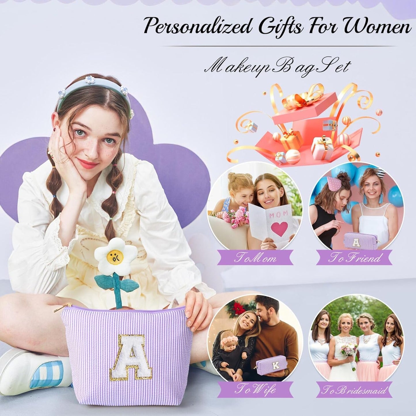 YOOLIFE Bridesmaid Gifts for Women - Cute Purple Makeup Bag for Women Friends | Make Up Cosmetic Travel Toiletry Bag for Bride Maid Matron of Honor Bridal Shower Personalized Bachelorette Gift B