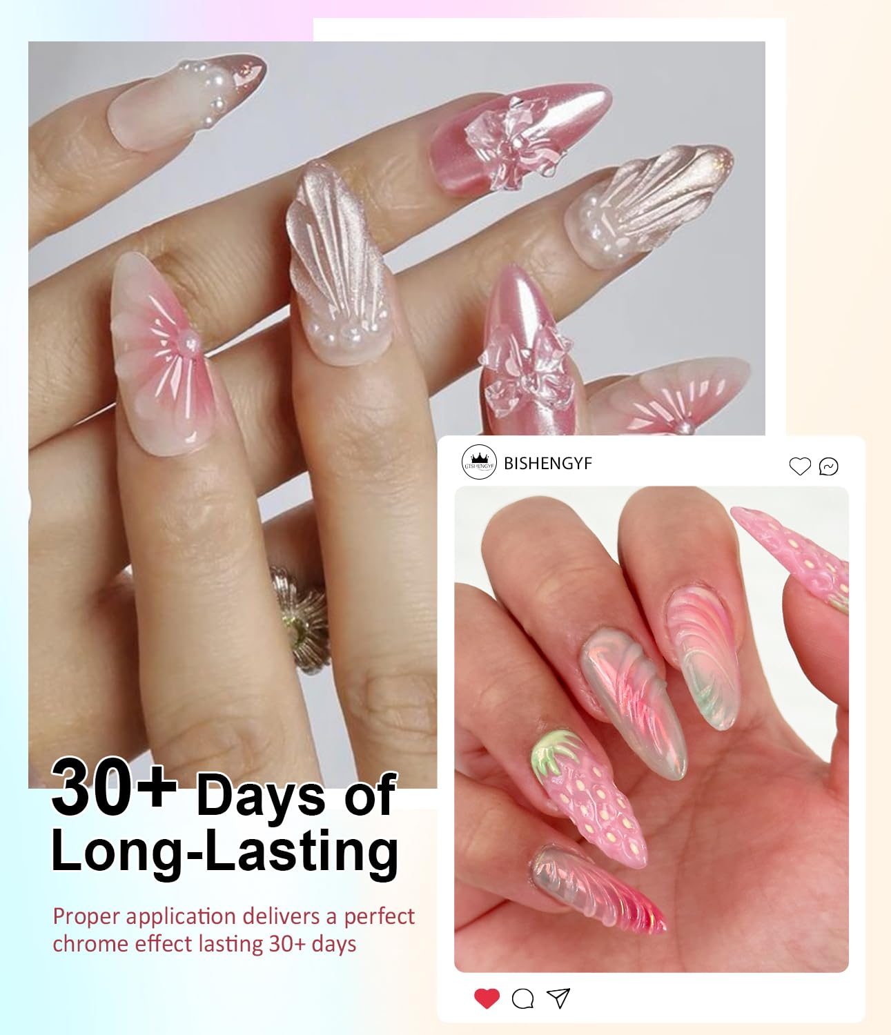 Clear 3D Nail Gel BISHENGYF: Super Shiny Pink White Clear Chrome Nail Powder 15g No Wipe 3D Sculpting Gel for Nail Art Non-Sticky Hand Hard Gel with Chrome Powder for Nails Art Home DIY