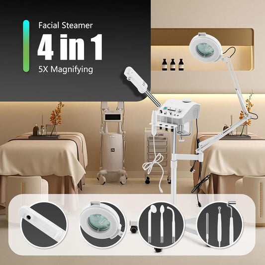 Professional 4in1 Ozone Face Steamer for Deep Hydration with Magnifying Lamp, High Frequency Galvanic for Beauty Spa Shop