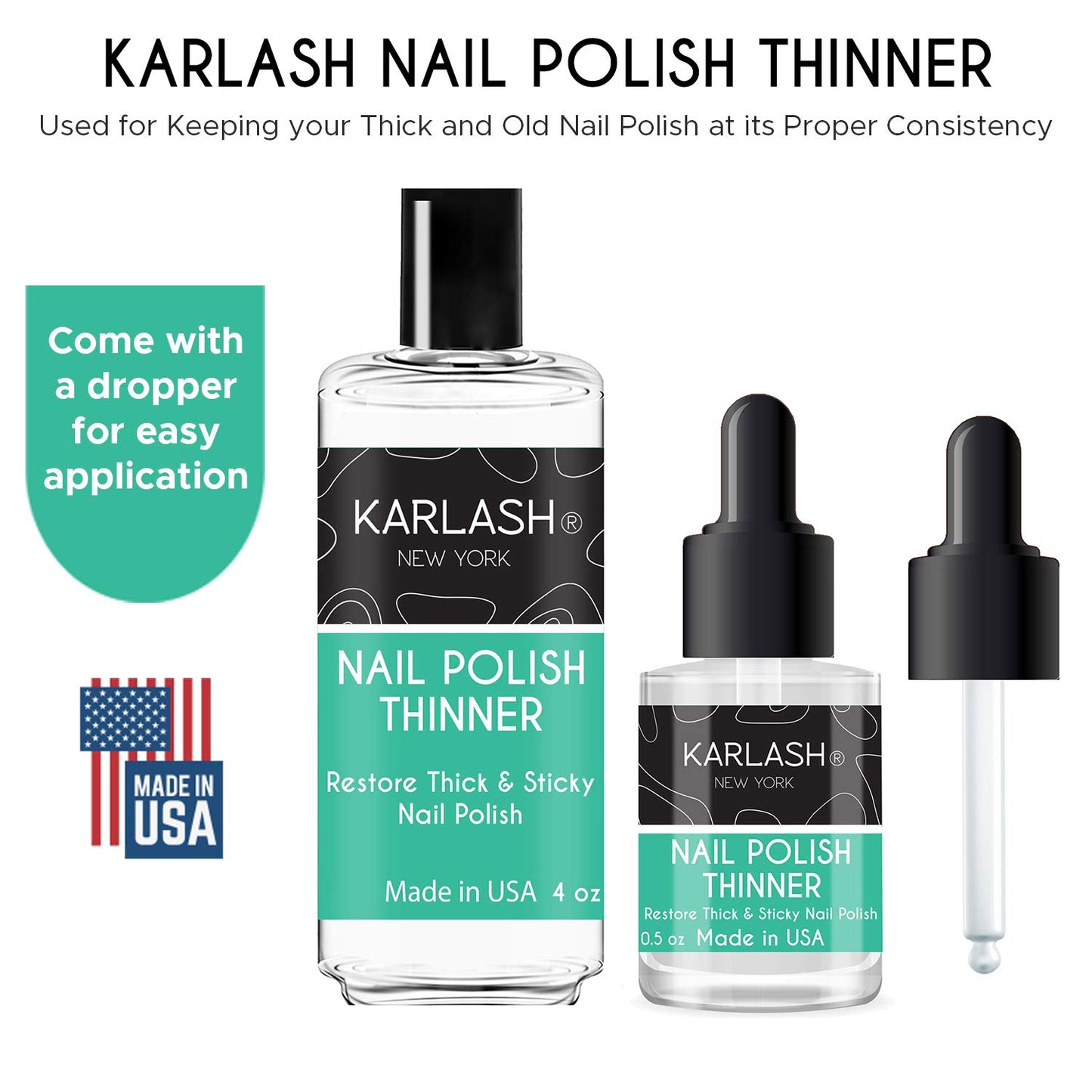 Karlash Professional Nail Polish Thinner 4 oz - Restore thick and sticky nail polish (Refill 4 oz & 0.5 oz Kit)