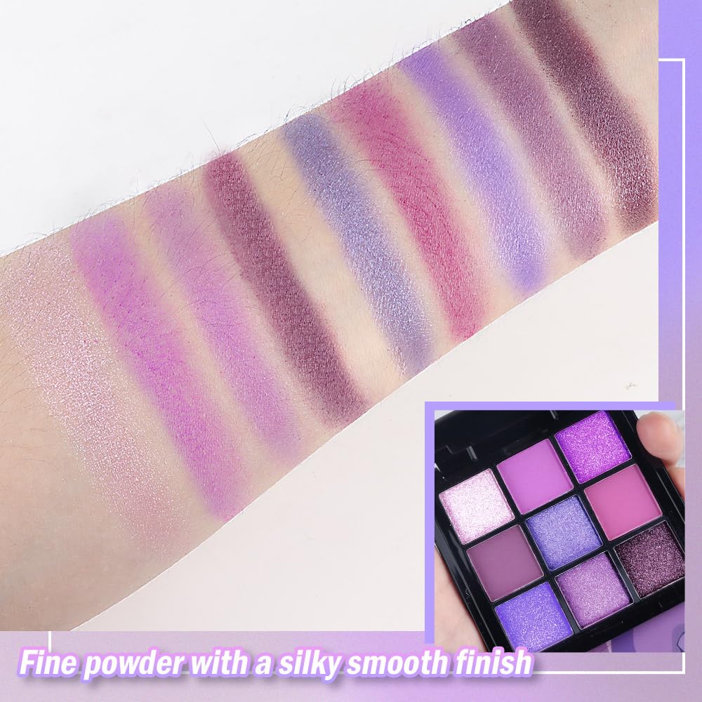9 Colors Purple Smoky Matte Shimmer Eyeshadow Palette with Mirror for Eye Makeup,High Pigmented Eye Shadow Primers Powder Palet de sombras de ojos