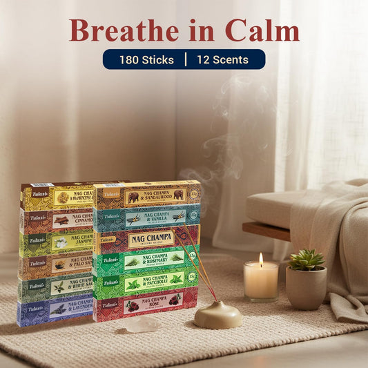 Nag Champa Incense Sticks with Natural Oils, Assorted Incense Set of 12 Scents - Lavender, Rose, Sandalwood, Vanilla, White Sage, Cinnamon, Rosemary etc, Positive Aroma for Meditation, Yoga & Prayer