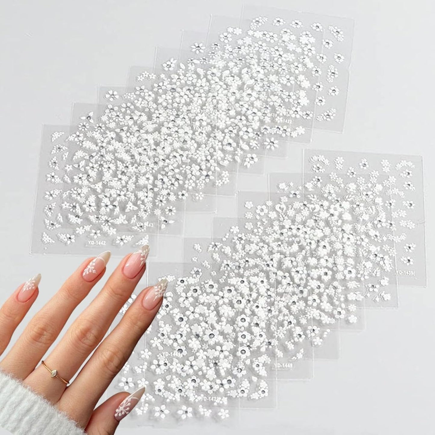 30 Sheets White Flower Nail Art Stickers, 3D Self Adhesive White Flower Nail Sticker Design Holographic Small Floral with Rhinestones Nail Art Decals Nail Supplies for Women Girls Manicure Decoration