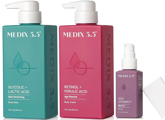 MEDIX Anti Aging Skin Care 3PC Set | Retinol Body Cream + Exfoliating AHA Glycolic Acid Foaming Face & Body Wash + Vitamin F Booster Serum, Wash + Treat + Hydrate Skincare Set