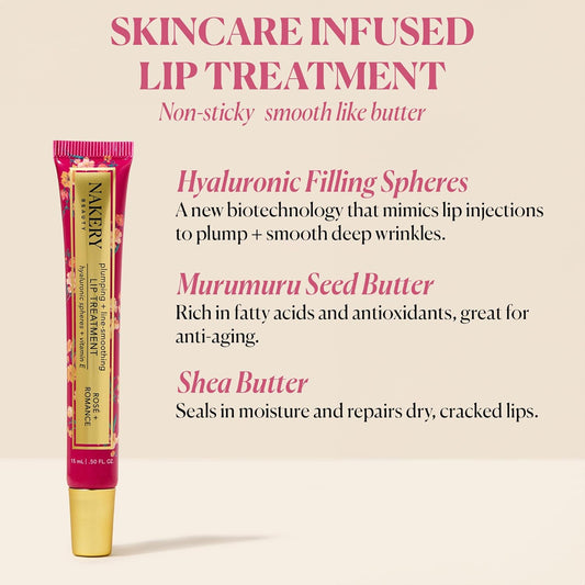 Nakery Plumping Lip Treatment for Dry Cracked Lips - Line Smoothing Lip Plumper for Women with Hyaluronic Acid Serum for Lips - Non Sticky Lip Gloss Plumper for Petal Soft Lips - Rose & Romance
