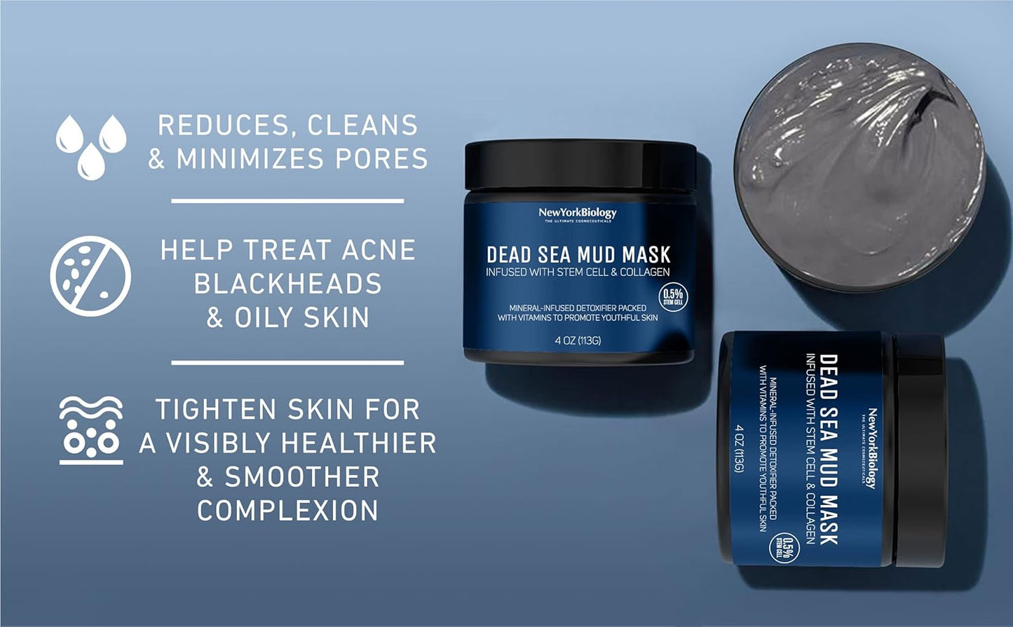 New York Biology Dead Sea Mud Mask for Face, Body | with Stem Cell and Collagen | Spa Quality Pore Refiner for Oily Skin | Natural Skincare for Women, Men | Tighten Skin | 4 oz (Pack of 2)