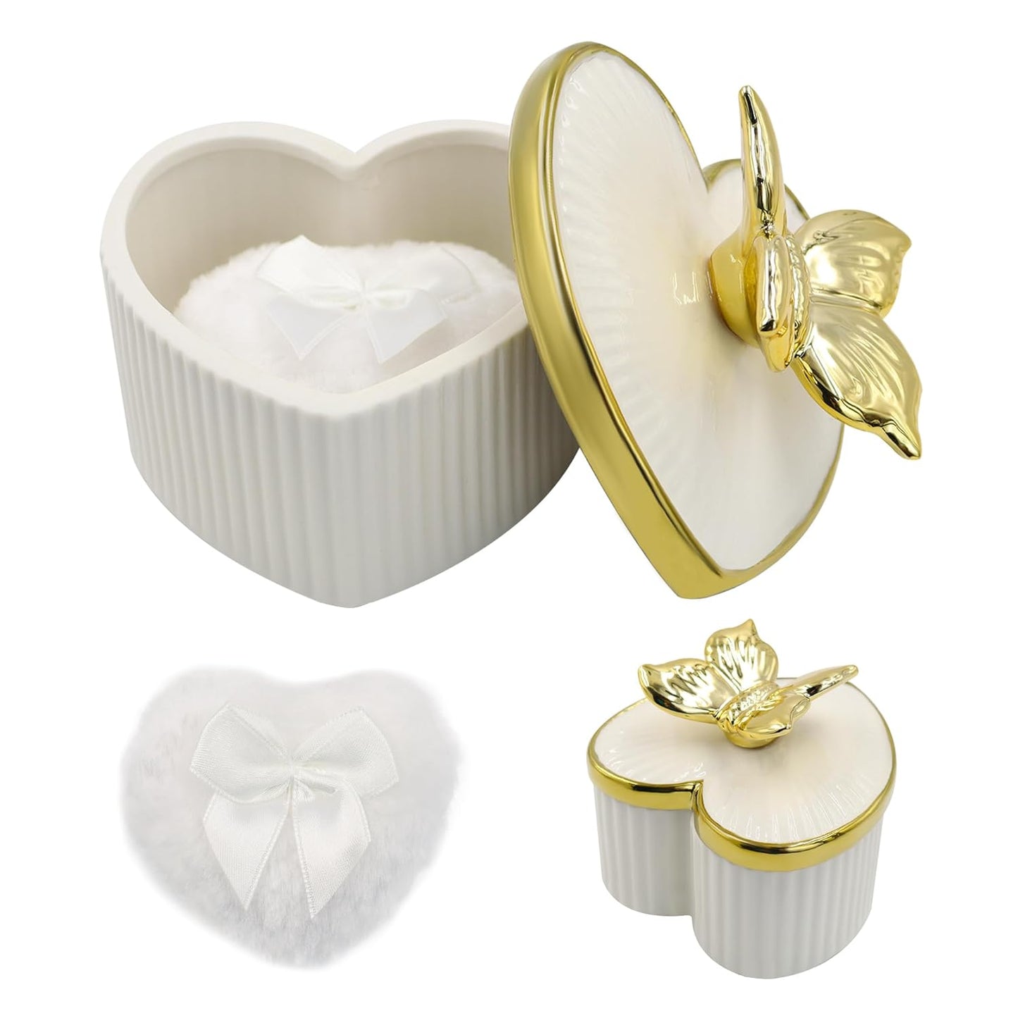 Large Body Powder Puff and Container, Ceramics Dusting Powder Container with 2 PCS Washable Heart Shaped Body Puff, Butterfly Dusting Case for Wet and Dry Makeup (White)