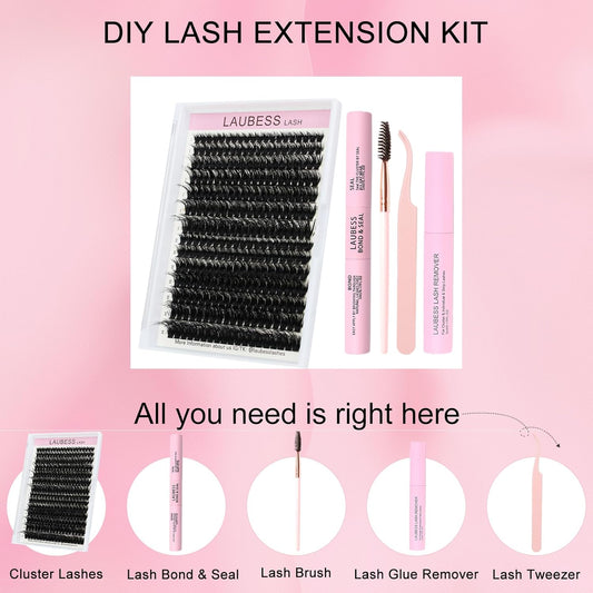 Lash Extension Kit LAUBESS Lash Clusters Kit Cluster Eyelash Extensions Kit Eyelash Clusters Lash Bond and Seal Waterproof Tweezers Brush Lash Glue Remover (Kit 60D/80D-D-Mix8-18(3D)