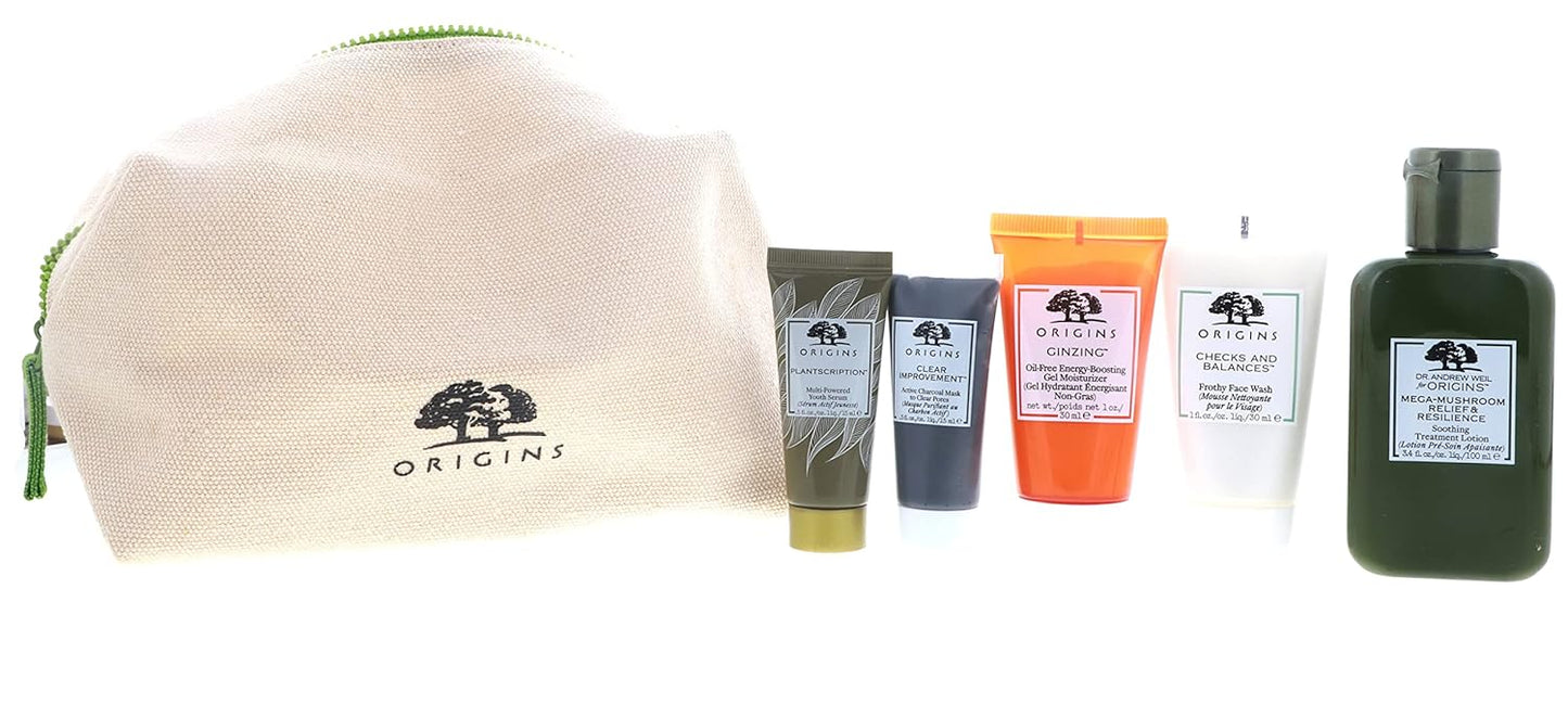 Origins Best Sellers Best Skin 5-Pieces Set: Soothing Treatment Lotion 100ml + Gel Moisturizer 30ml + Face Wash 30ml + Serum 15ml + Charcoal Mask 15ml 5pcs+1bag