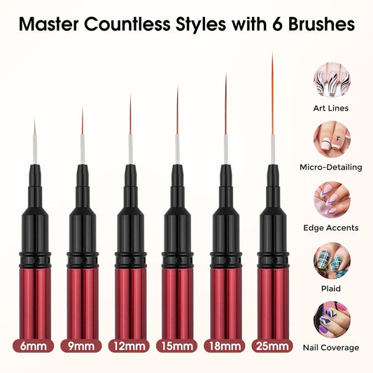 Nail Art Brushes, 6 Pcs Nail Liner Brushes for Nails, Nail Brushes for Nail Art Lines, Details, Edge and Plaid, Nail Art Brushes with Cap, Thin Liner Brushes Sizes 6/9/12/15/18/25 mm, Black
