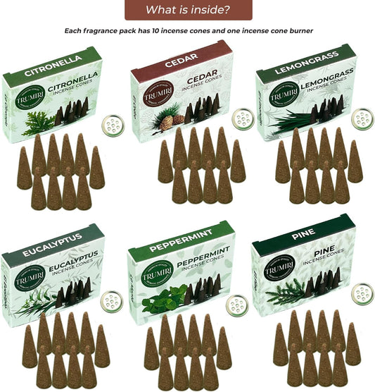 TRUMIRI Leafy Incense Cones - Variety Pack - Total 60 Cone Incense (6 Scents x 10 Conos) - Citronella Lemongrass Eucalyptus Peppermint Cedar Pine - Cone Incense Scents - Insense Cones - Incent Cone