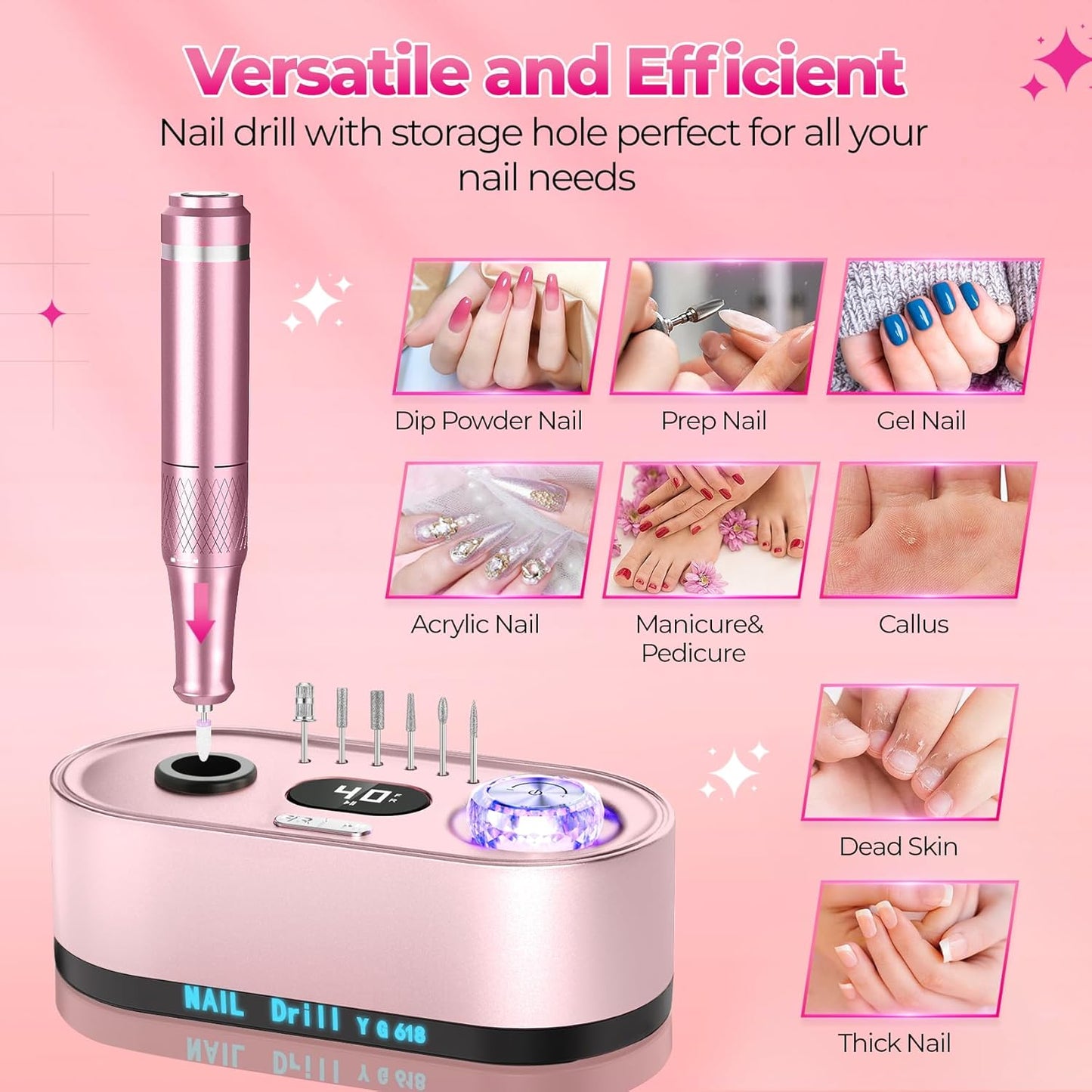 Nail Drill Electric File: 40000RPM Professional E File Kit E File Machine Filer for Shaping, Buffing, Removing Acrylic Gel Nails, Manicure Pedicure Kit with 12Pcs Nail Bits, Home Salon Use