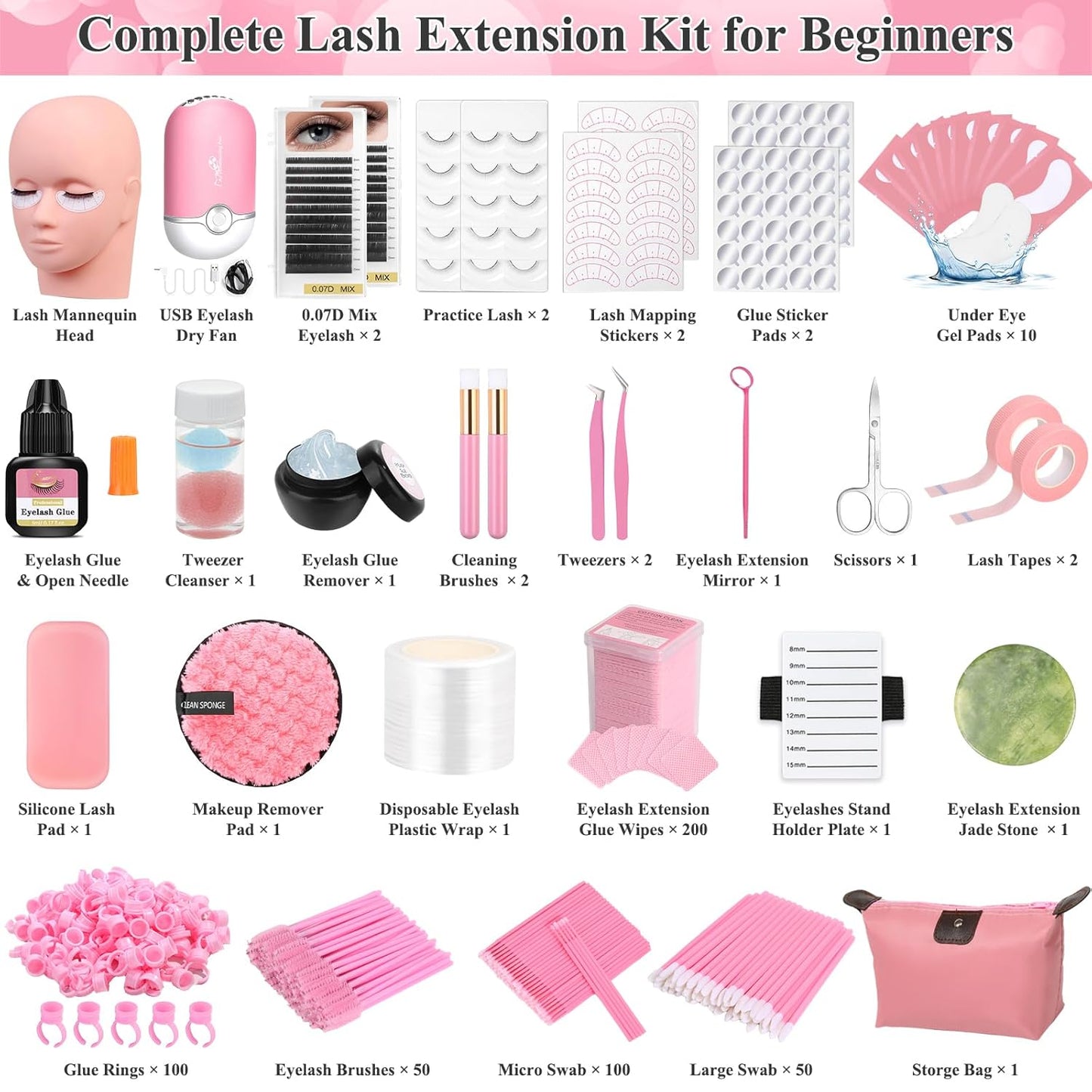 Lashes Kit for Eyelash Extension Beginner Lash Tech Starter Kit with Eye Lash Mannequin Head, Professional Eyelash Extension Kit with Lash Fan, Extension Glue and Eyelash Remover for Practice Training