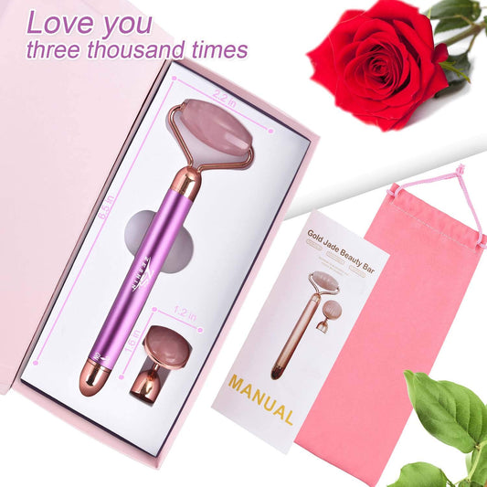 Upgrade 2 in 1 Vibrating Face Roller, Electric Jade Roller Facial Massager Roller for Wrinkles, Flaws, Eyepuffiness and Glowing Youthful Skin