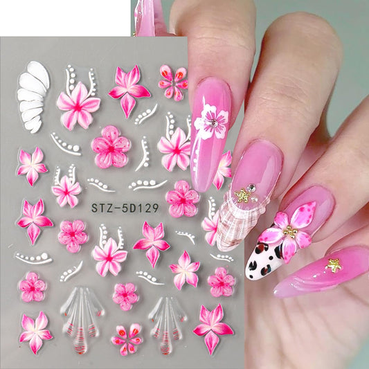 Cute Flowers Nail Art Stickers 5D Embossed Flower Nail Decals with Rhinestones Design Nail Stickers Self-Adhesive Colorful Floral Starfish Nail Decal French Sticker for Women Summer Hawaii Nails Decor