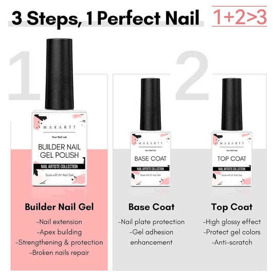 Makartt 3Pcs Builder Nail Gel with Top and Base Coat, Clear Gel Builder Kit for Nails Apex Building Thickening Strengthener Extension Rhinestone in a Bottle, UV Light Lamp Required