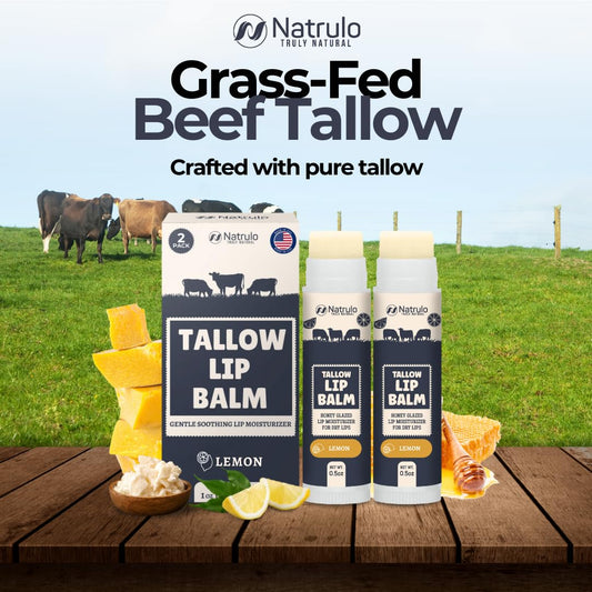 Beef Tallow Lip Balm – Natural Tallow Beeswax Chapstick – Hydrating Moisturizer Grass Fed Beef Tallow Balm Lip Care – Soothes Chapped Dry Sensitive Lips – Long Lasting Vitamin Rich USA-Made 2Pk Lemon