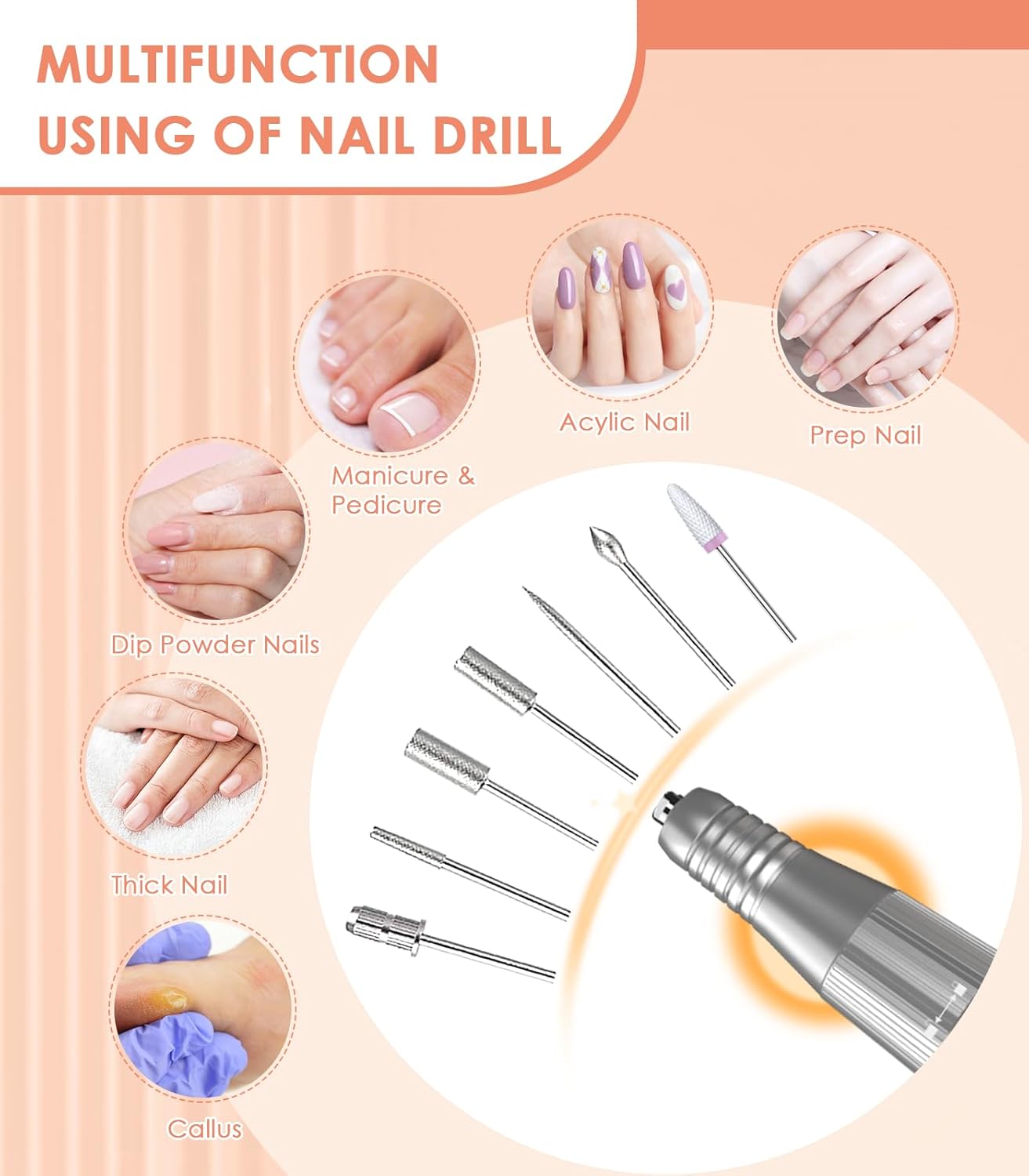 Portable Electric Nail Drill Machine: 40000RPM Professional E-File, Rechargeable Cordless with Bits & Base for Acrylic Remove Gel Polish Manicure Salon Home, Silver