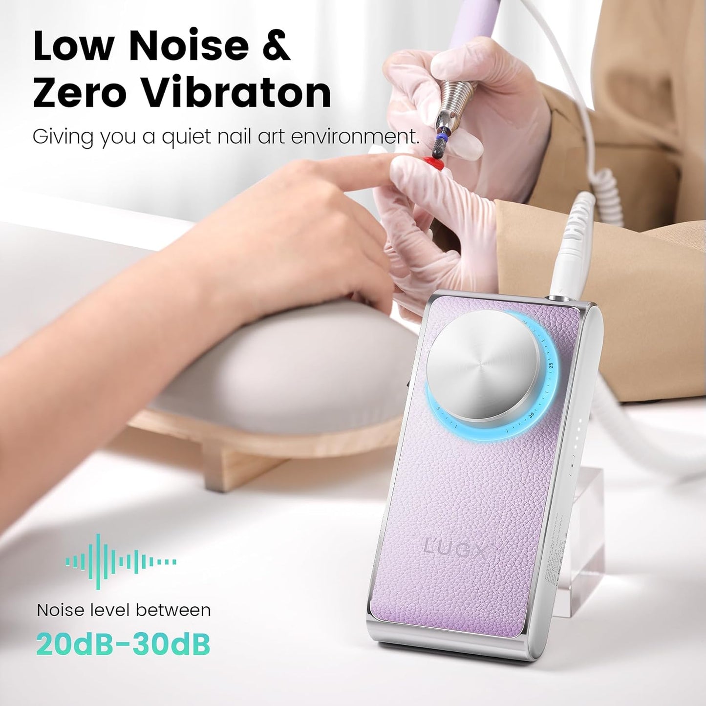 L'UGX Professional Nail Drill 30000RPM, Cordless Rechargeable Electric Nail File for Acrylic Nails Gel Polishing, Efile Nail Kit for Manicure Pedicure, Low Noise Low Vibration, 7Pcs Drill Bits, Purple