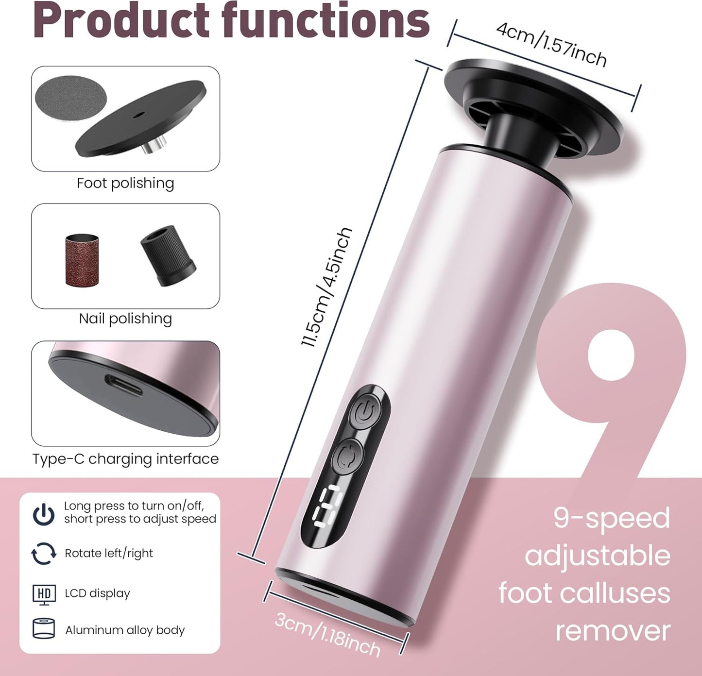Electric Foot Callus Remover,2 in1 Rechargeable Callus Remover for Feet,9-Speed Wireless Electric Foot File Nail Grinder,Foot Scrubber Pedicure Tools for Dead Skin Dry Cracked Feet(Pink MINI)