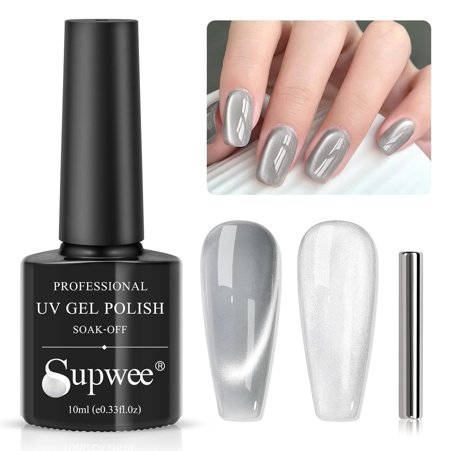 Moonlight Cat Eye Gel Nail Polish 10ml Silk Magnetic Nail Polish Glass Cateye Gel Polish with Magnetic Stick Soak Off UV LED Nail Lamp Nail Art Manicure Salon Home DIY 001, Gray