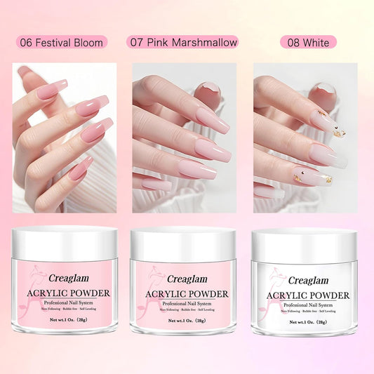 Acrylic Powder Large Capacity: 3Pcs 1 Oz. Festival Bloom Pink Marshmallow Super Nail Polymer for 3D Art Carving French Extension - 28g White Professional Acrylic Powder No Need Lamp