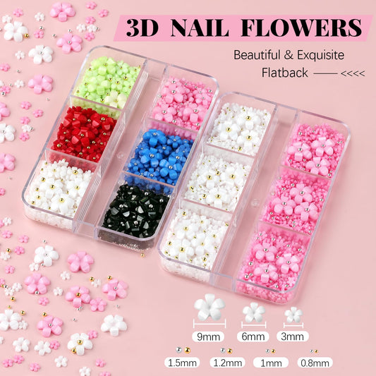 3D Flowers, Manicure Kit with Gel Glue, Colorful Acrylic Flower Nail Charms with Caviar Beads, Rhinestones + Gem Glue for Nails (UV/LED Needed) with Dotting & Pickup Tools