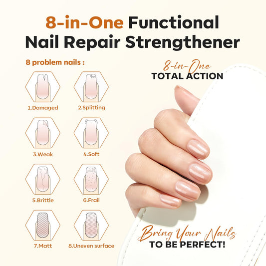 modelones Nail Strengthener, 8-in-One Nail Ridge Filler Base Coat Nail Polish Repair Nail Growth Treatment for Thin and Damaged Nails, Sparkling Champagne, 15ml