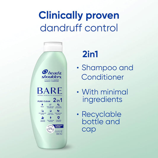 Head & Shoulders BARE 2-in-1 Dandruff Shampoo And Conditioner Twin Pack, Pure Clean, Sulfate-Free, Silicone-Free, Dye-Free, Eco-Friendly Bottles, Safe for All Hair Types, 13.5 Fl Oz Each (Set of 2)